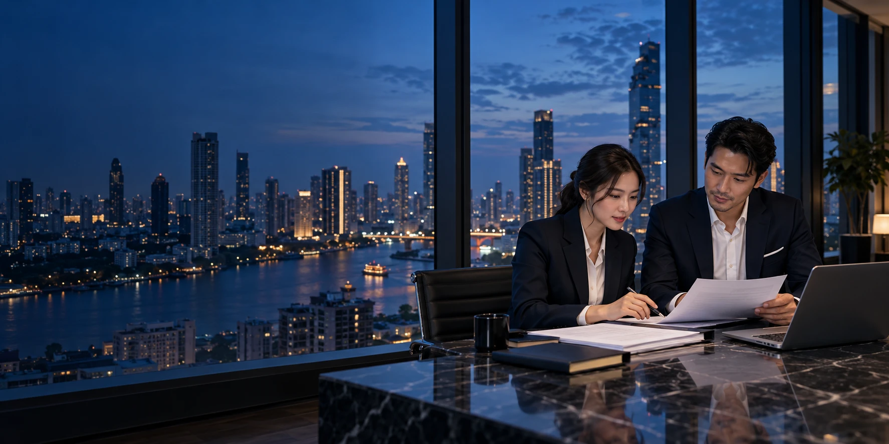 Two Thai business professionals reviewing accounts in a city office